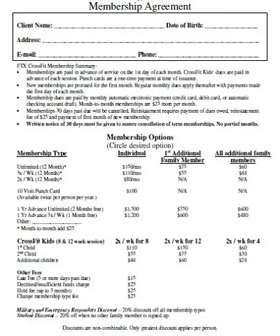 gym membership contract template