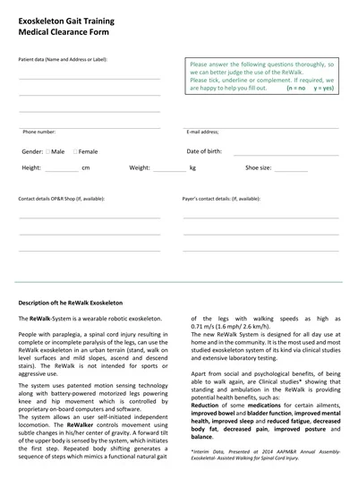 Gait Training Medical Clearance Form