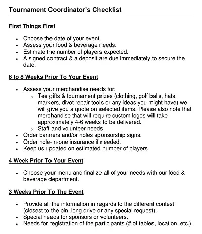 Golf Tournament Coordinator’s Checklist