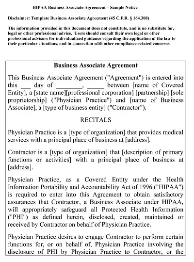 HIPAA Business Associate Agreement Sample Notice