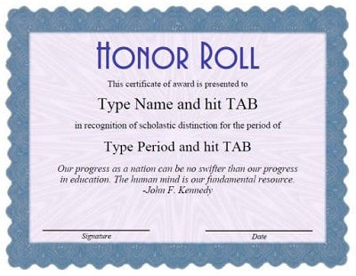 Honor Roll Certificate Word Templates