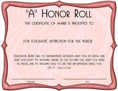 honor roll certificate template microsoft word