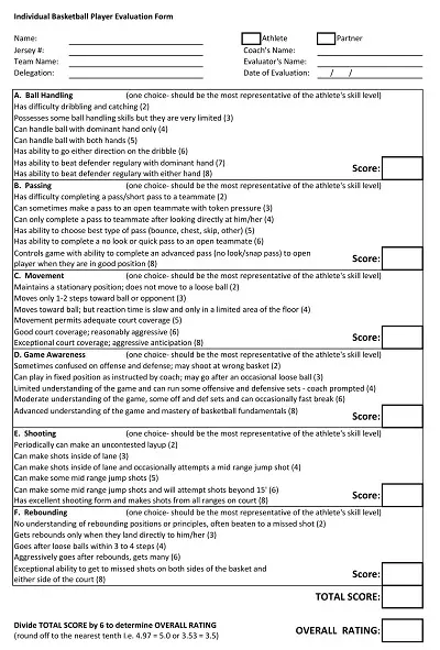 Individual Basketball Player Evaluation Form