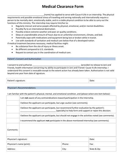 Internship Medical Clearance Form