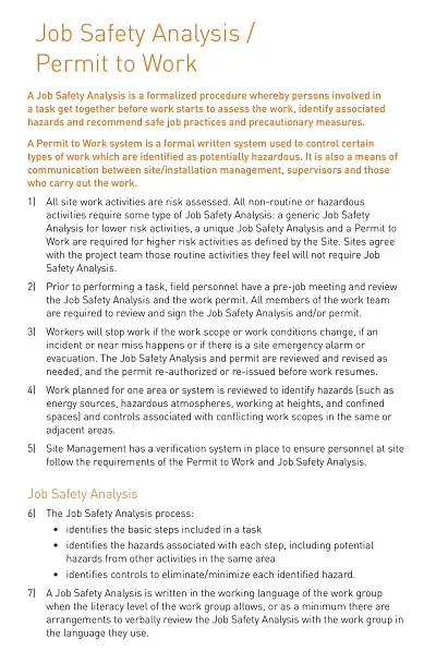 Job Safety Analysis Permit to Work