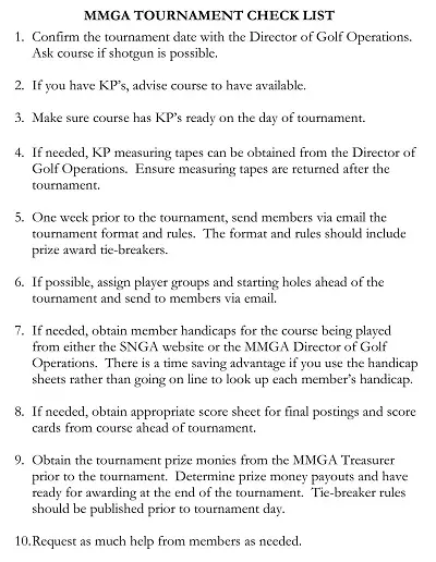MMGA Golf Tournament Checklist