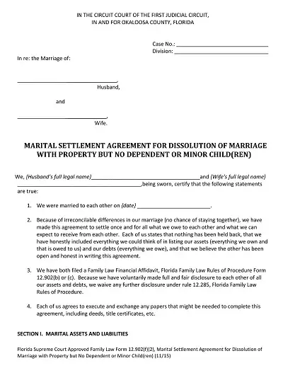 Marital Settlement Agreement For Dissolution of Marriage