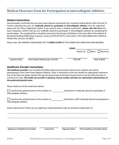 Medical Clearance Participation Form