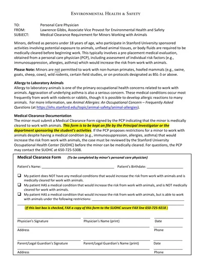 Minor Medical Clearance Form