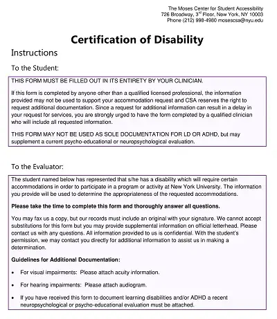 New York Certification of Disability