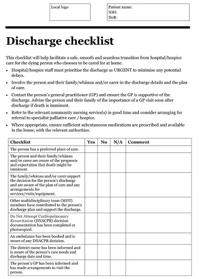 Nursing Hospital Discharge Checklist Template