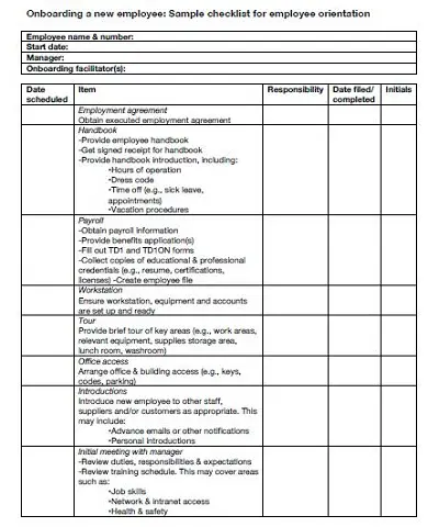 orientation checklist template