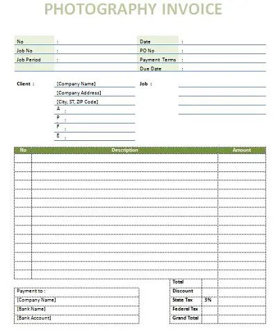 photography billing invoice template