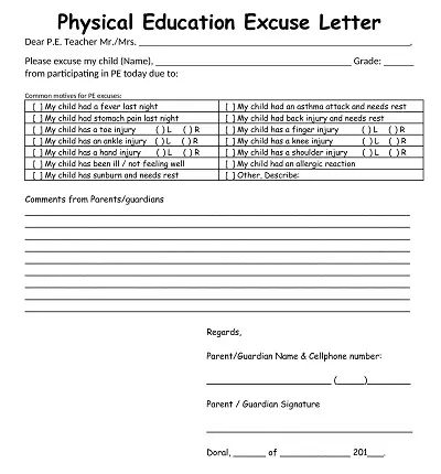 Physical Education Excuse Letter