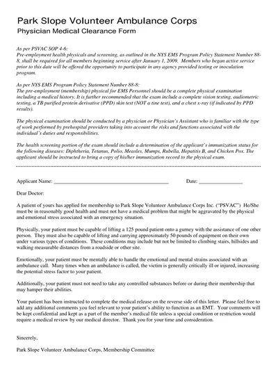 Physician Medical Clearance Form