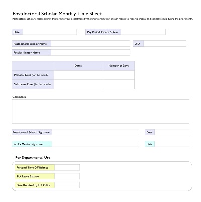 Postdoctoral Scholar Monthly Time Sheet