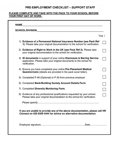 Pre-Employment Checklist Sample PDF