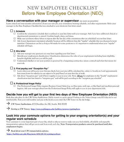 Pre-Orientation Checklist with Benefits for New Employees