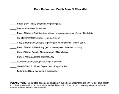 Pre-Retirement Death Benefit Checklist