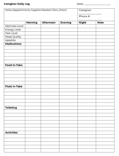 Printable Caregiver Daily Log