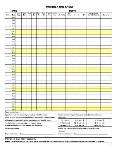 Printable Monthly Timesheet Template