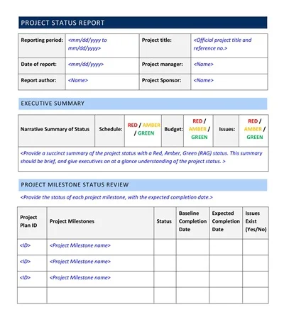 Printable Project Status Report Template