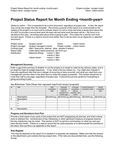 Project Status Report For Month Ending