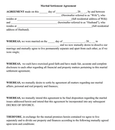 Property Settlement Agreement for Divorce