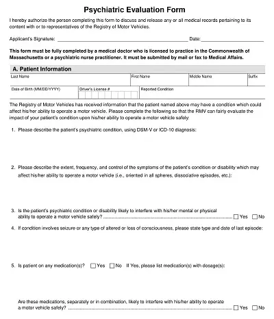 Psychiatric Evaluation Form Simple