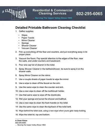 Residential Bathroom Cleaning Checklist Template