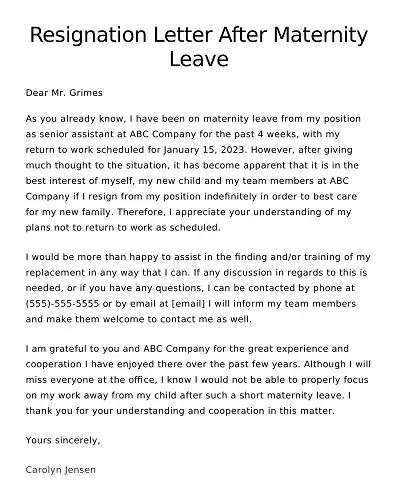 Resignation Letter After Maternity Leave