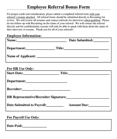 Sample Employee Referral Bonus Form