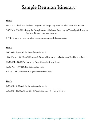 Sample Family Reunion Itinerary Template