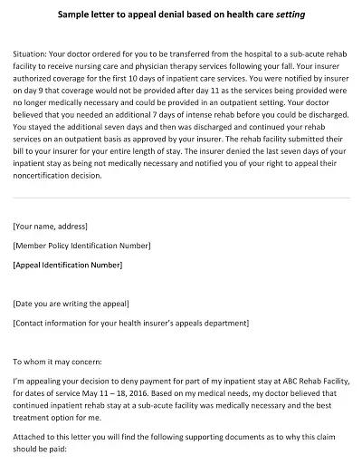 Sample Letter to Appeal Denial Based on Health Care Setting