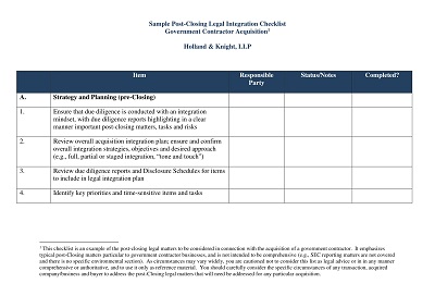 Sample Post-Closing Legal Integration Checklist