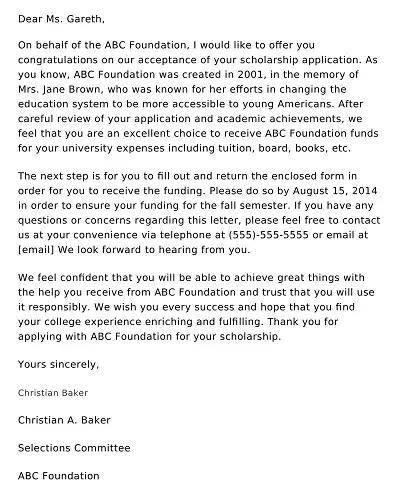 Scholarship Acceptance Letter Sample