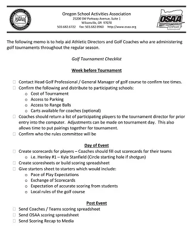 School Golf Tournament Checklist