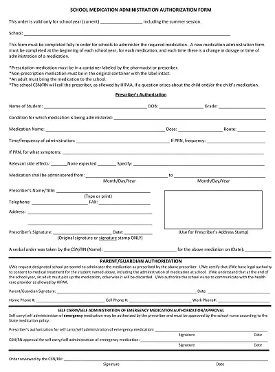 School Medication Administration Authorization Form