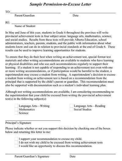 School Permission Excuse Letter