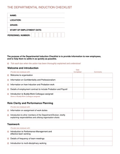 Simple Pre-Employment Induction Checklist Template