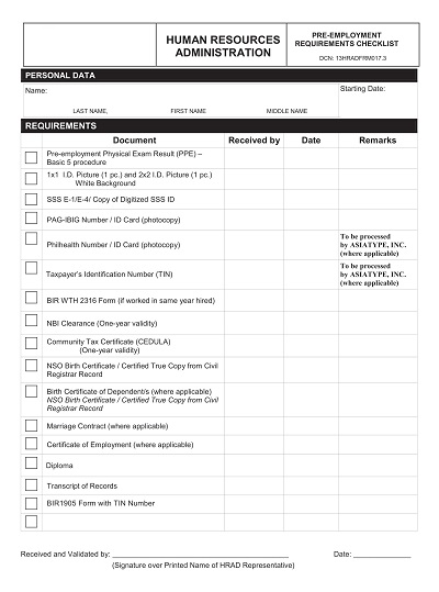 Simple Pre-Employment Requirement Checklist Template
