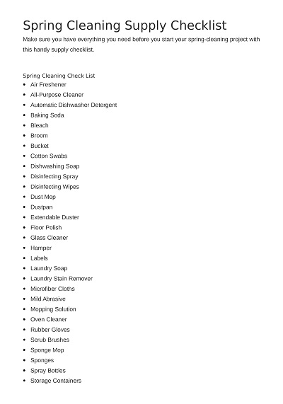 Spring Cleaning Supply List Template