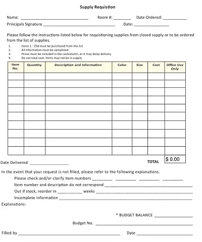 Supply Requisition Form for Schools