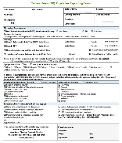 Tuberculosis Physician Reporting Form