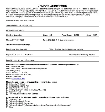 Vendor Audit Checklist Form Template