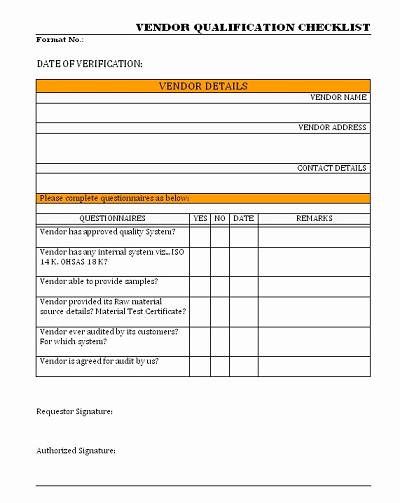 vendor checklist template