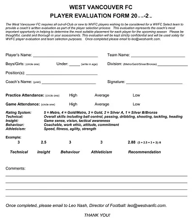 WVFC Player Evaluation Form