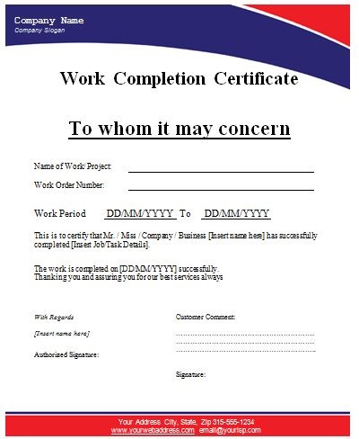 work completion certificate format in word