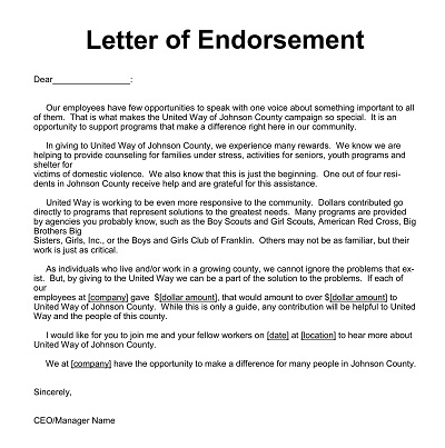 Work Endorsement Letter Template